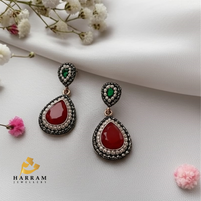 Ruby Red & Emerald Green Teardrop Earrings