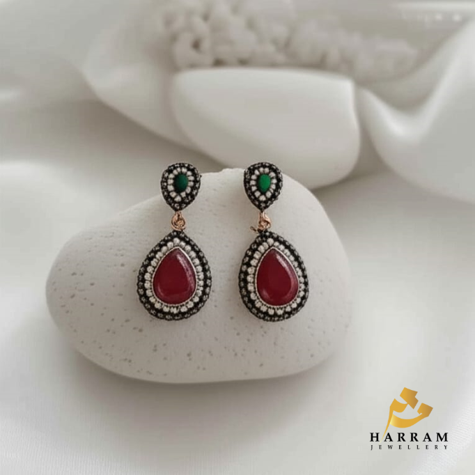 Ruby Red & Emerald Green Teardrop Earrings