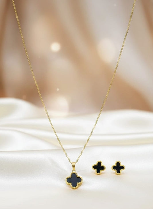Luxury Black Clover Stainless Steel Necklace & Earrings Set