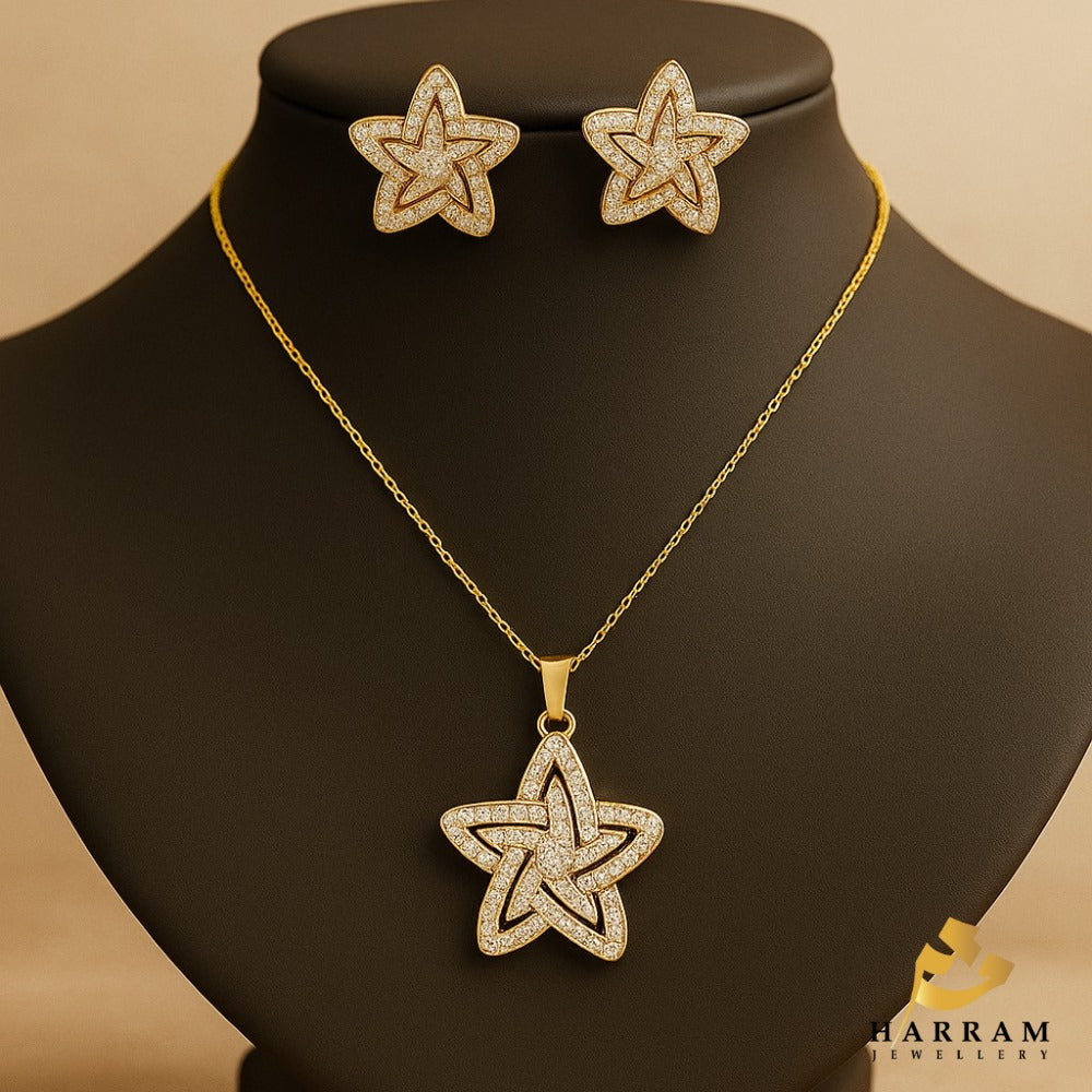 Star Elegance Gold-Plated Locket & Earrings Set