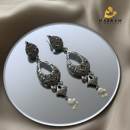 Antique Silver Drop Earrings with Pearl Accents